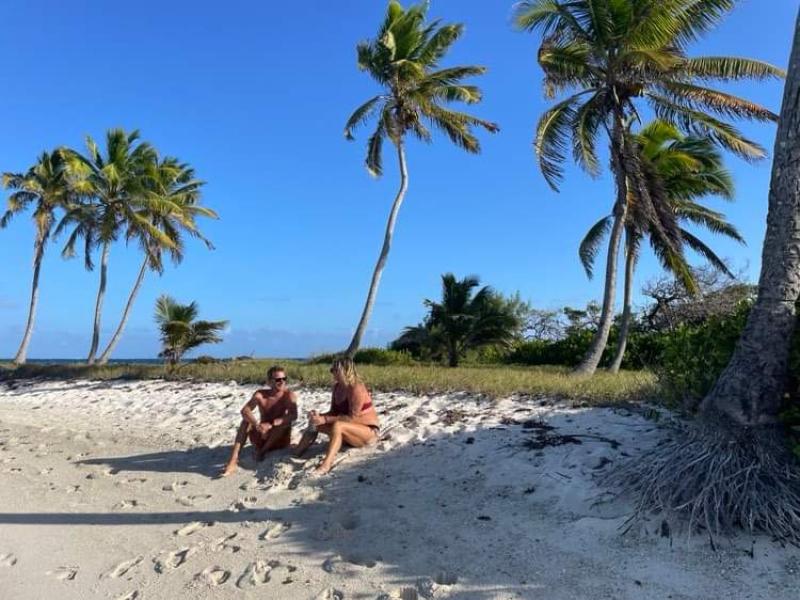 Två personer sitter på en sandstrand under palmer och pratar och njuter av den soliga dagen.
