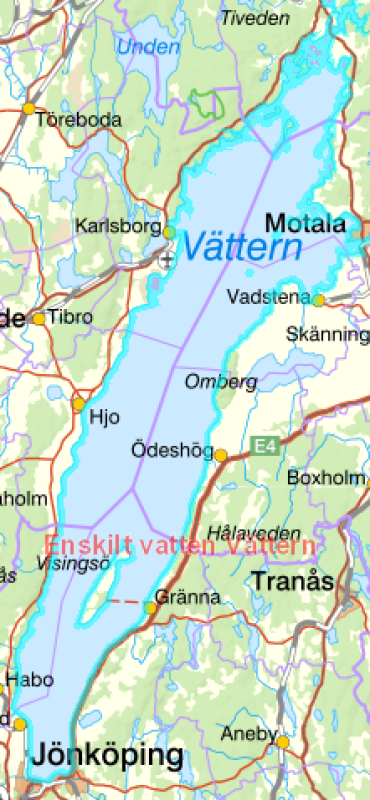 Karta över Vättern i Sverige, som visar omgivande regioner, städer (inklusive Jönköping, Motala) och huvudvägar.
