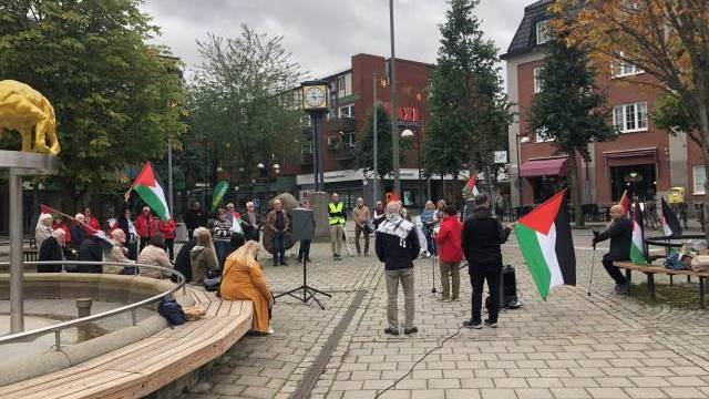 En liten grupp människor samlas på ett torg med palestinska flaggor vid en fontän, några sittande och andra stående, omgivna av träd och byggnader.