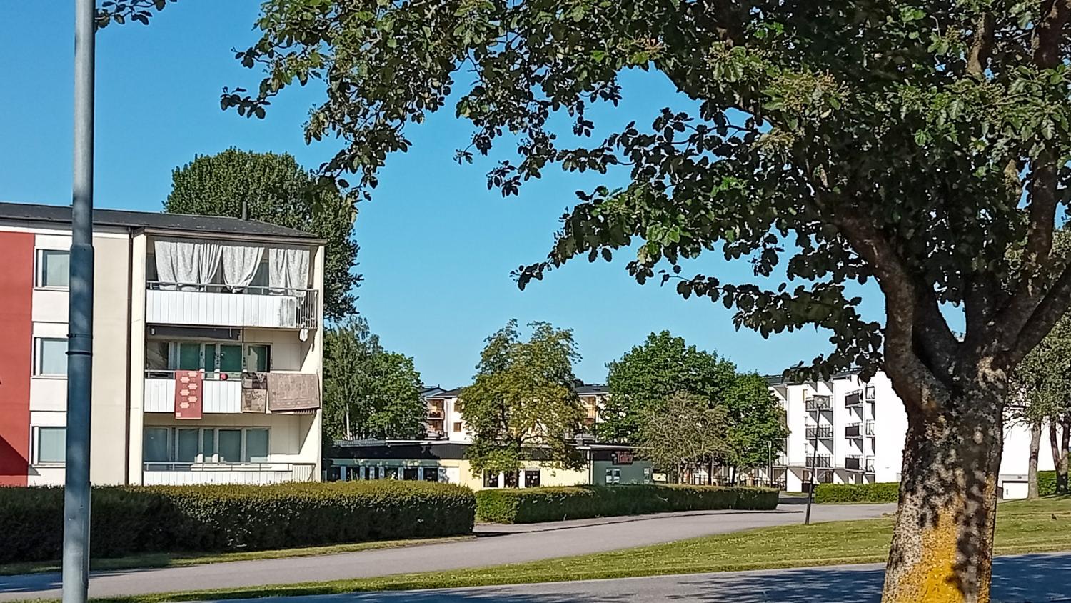 Lägenhetshus omgivna av träd och grönska under en klarblå himmel, med en trottoar och en stolpe i förgrunden.