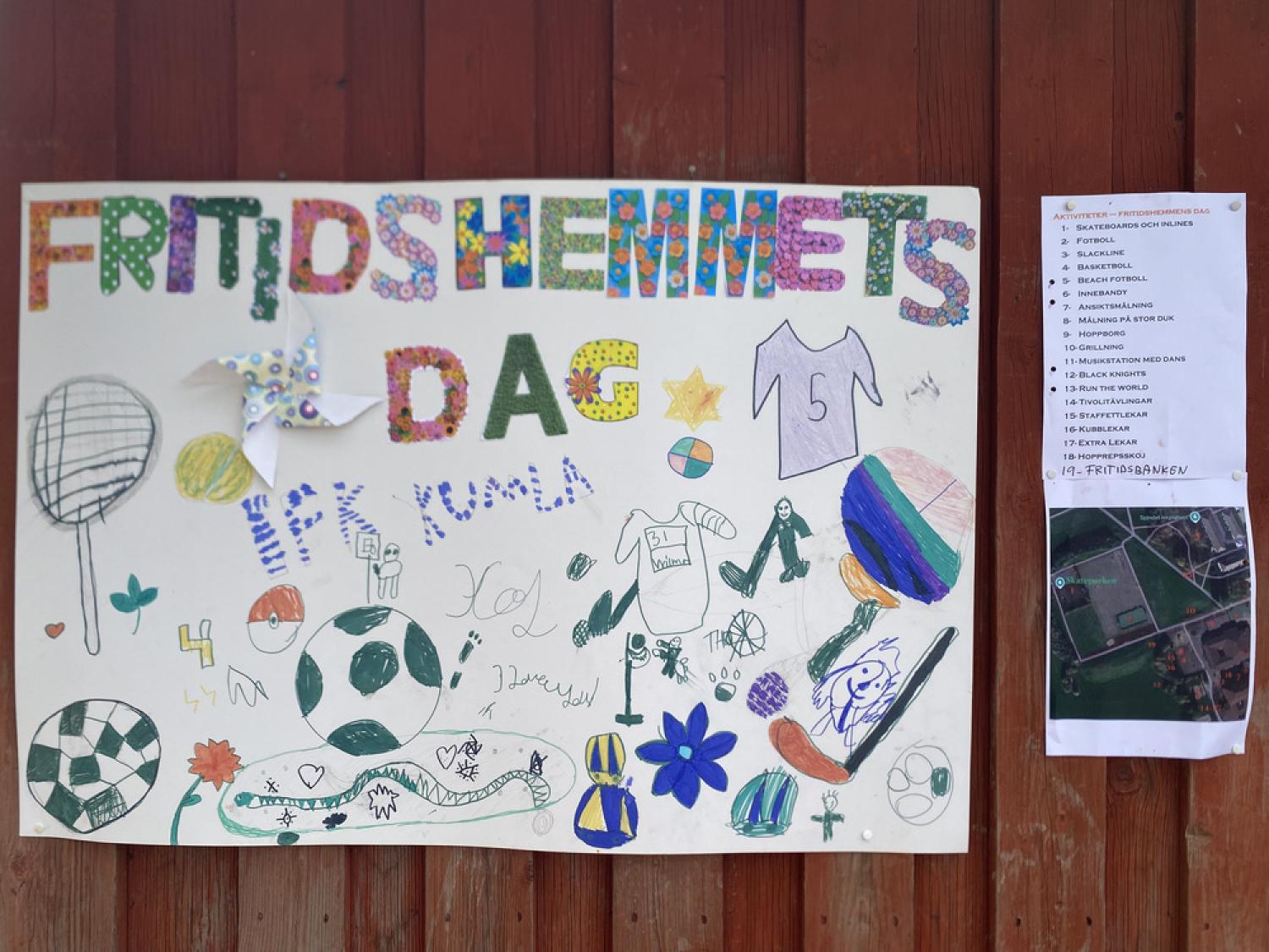 En färgglad affisch med teckningar av sportutrustning och blommor lyder