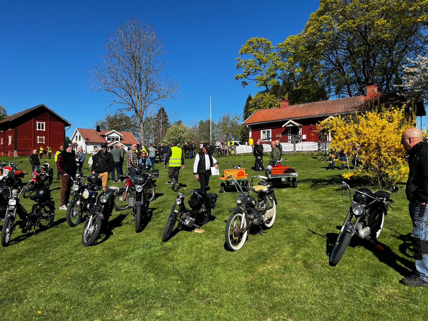 En grupp människor samlas utomhus nära veteranmotorcyklar som står parkerade på gräset, med röda trähus och träd i bakgrunden under en klarblå himmel.