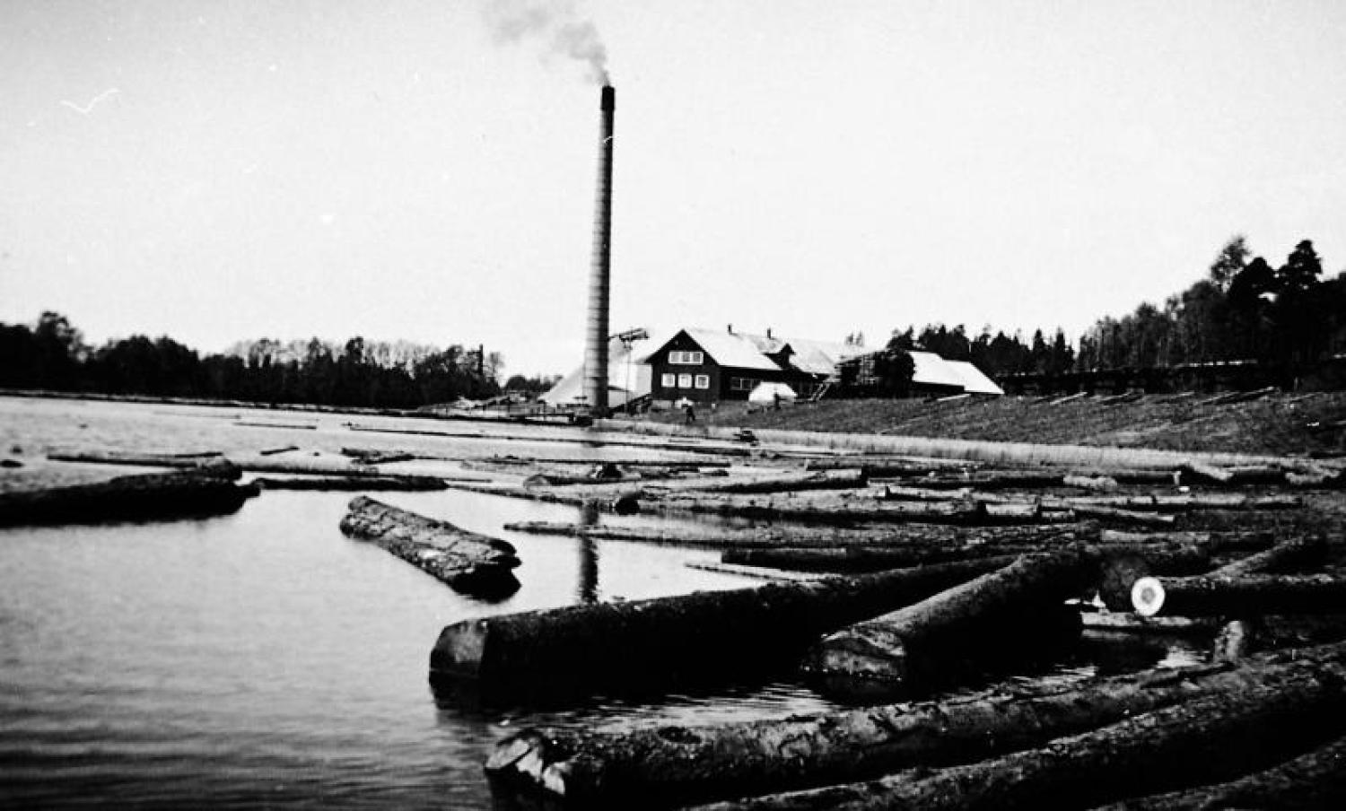 Ett gammalt svartvitt foto av en fabrik med stockar i vattnet.