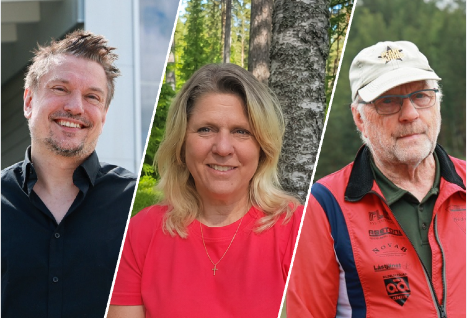 Tre vuxna avbildas i separata vertikala rutor: en leende man i svart, en kvinna i röd tröja utomhus och en äldre man med glasögon och röd jacka som står framför några träd.