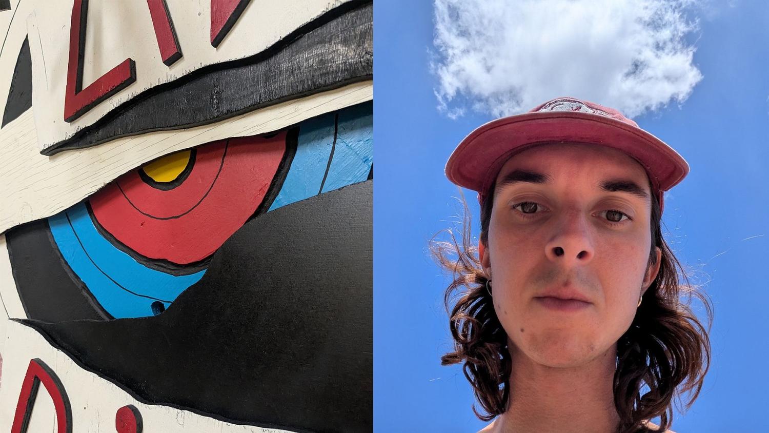 Delad bild: vänster sida visar en närbild av färgstark abstrakt konst med ögonmotiv; höger sida visar en ung person i röd keps som tittar in i kameran under en blå himmel med moln.