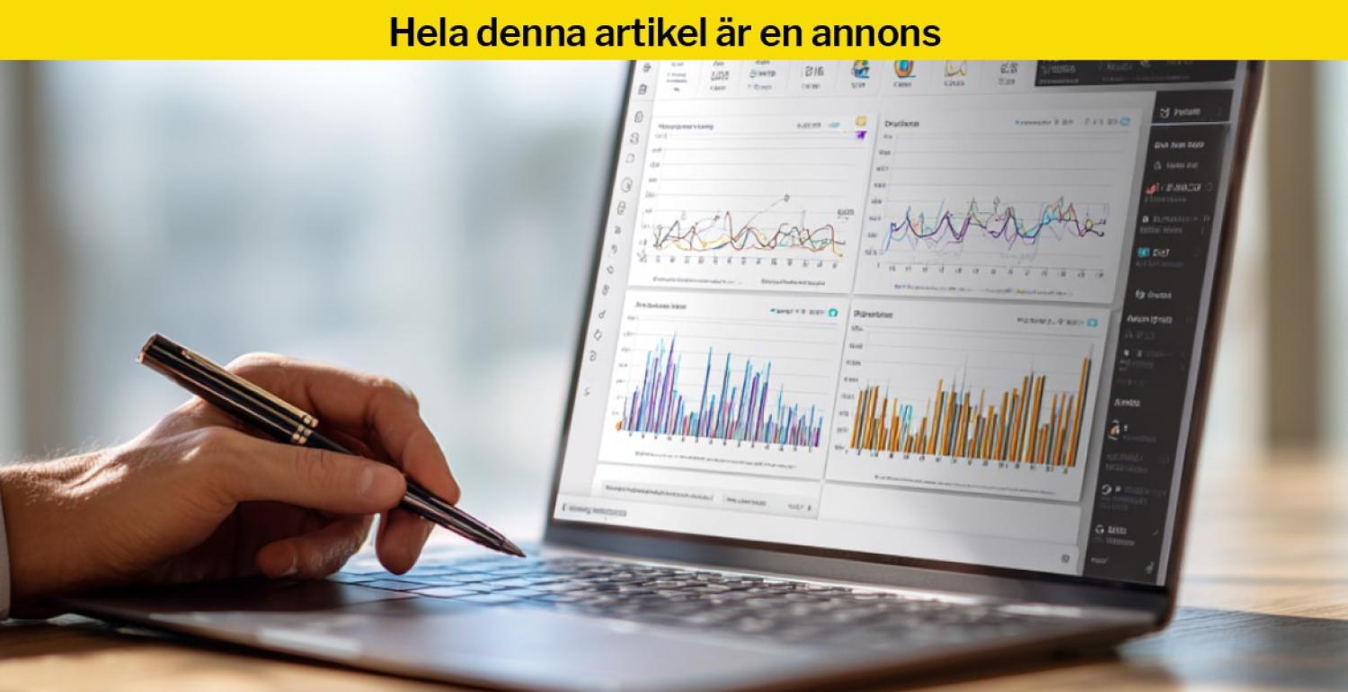 En person använder en bärbar dator som visar instrumentpaneler för dataanalys med olika diagram och grafer.