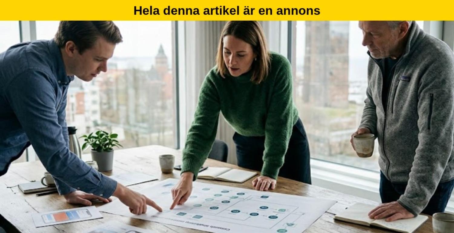 Tre personer står runt ett bord och tittar på diagram och dokument i ett kontor med stora fönster.