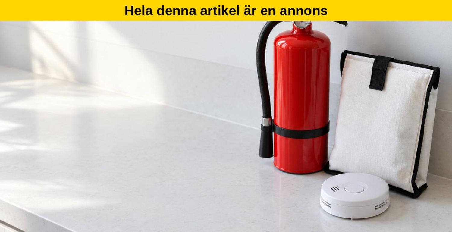 En röd brandsläckare, en vit brandfilt i ett fodral och en rökdetektor på en vit bänkskiva.