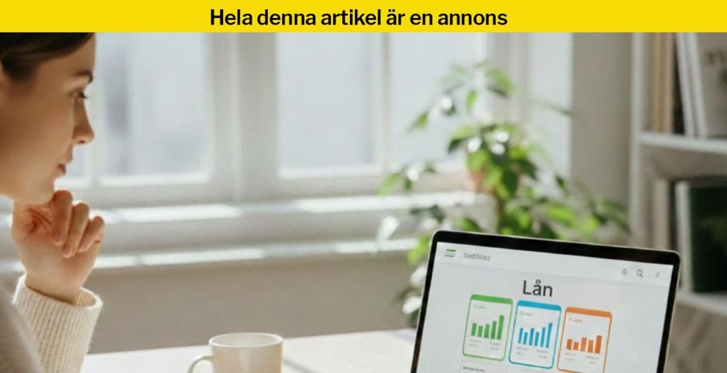 En person sitter vid ett skrivbord och tittar på en bärbar dator som visar jämförelsetabeller för lån, med en kopp och en växt i närheten.