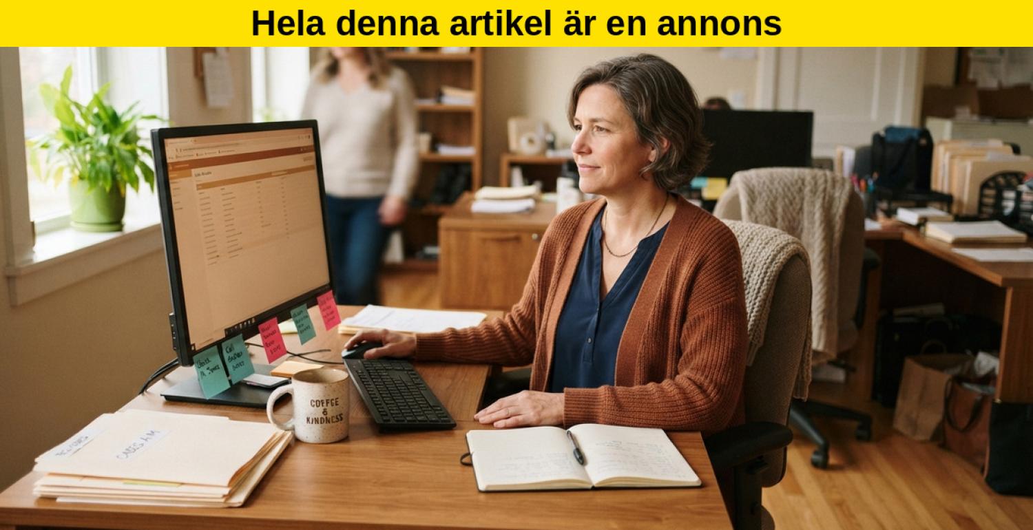 En kvinna sitter vid ett skrivbord och arbetar vid en dator på ett kontor. På skrivbordet står en kaffekopp och färgglada post-it-lappar. En annan person står i bakgrunden.