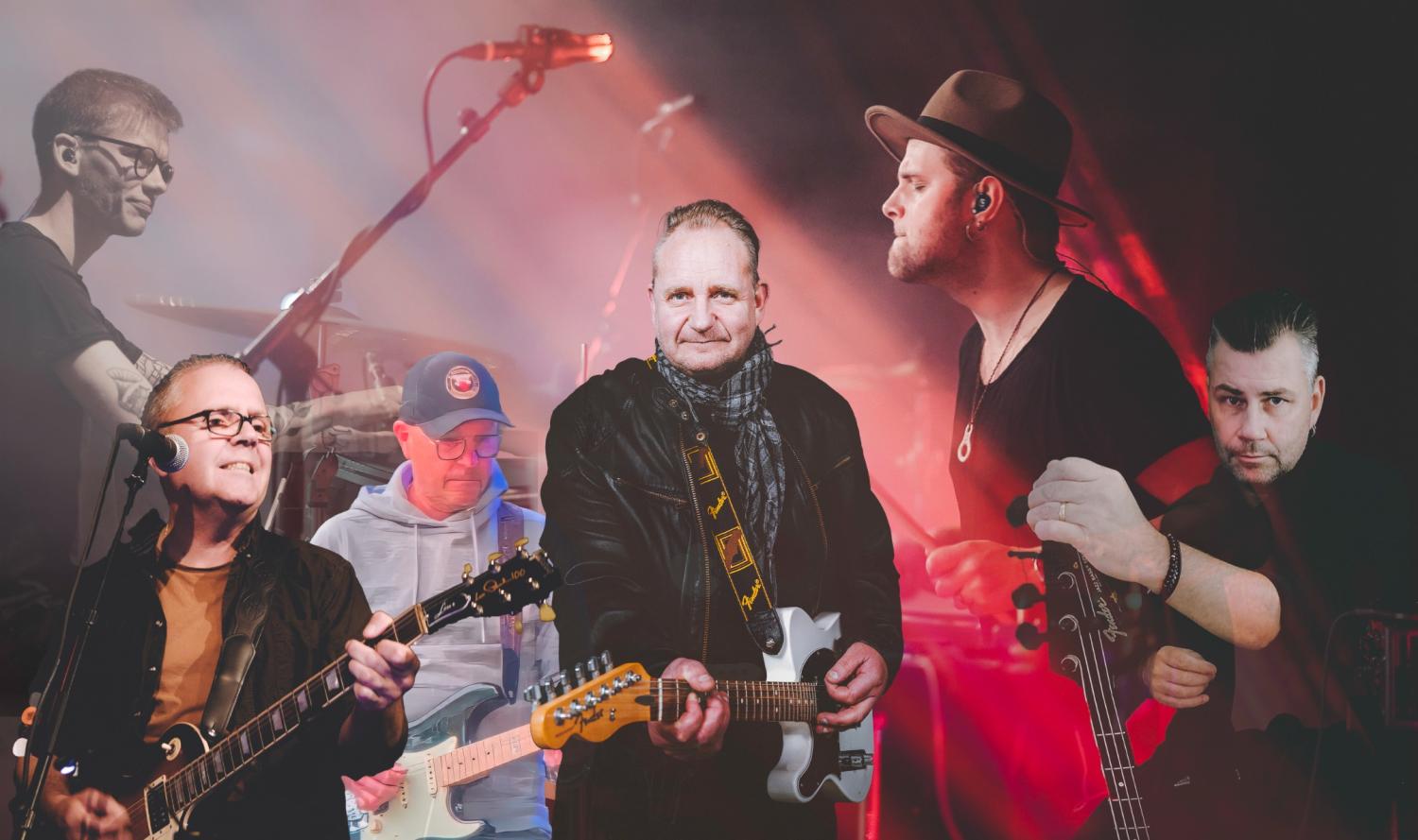 Sex män spelar gitarr och andra instrument på scenen, upplysta av färgglada scenljus, och uppträder som ett band.