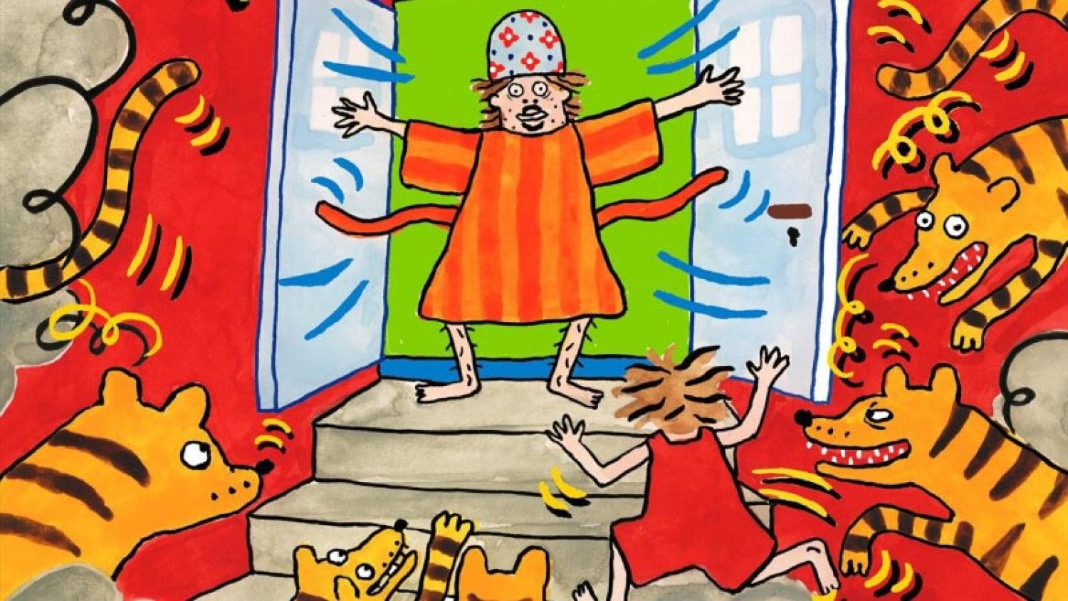 En person i orange dräkt och mönstrad hatt står i en dörröppning med utsträckta armar, omgiven av tigrar och en annan person som faller baklänges.
