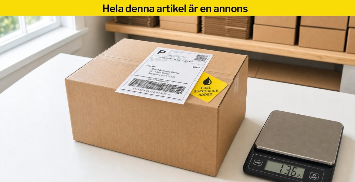 En kartonglåda med etikett ligger på en digital våg som visar 1,36 kg.