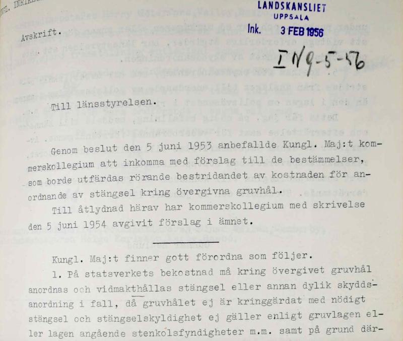 Maskinskriven kopia av ett brev på svenska med blå stämplar överst som anger att det är från Uppsala, daterat den 3 februari 1956.