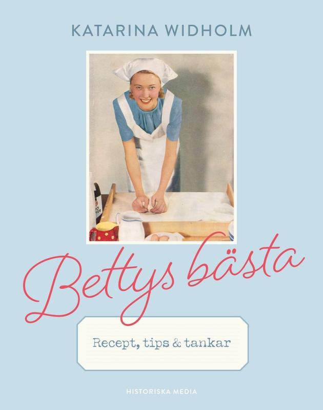 Ett bokomslag i vintagestil föreställande en leende kvinna i blå klänning och vitt förkläde som bakar, med titeln 