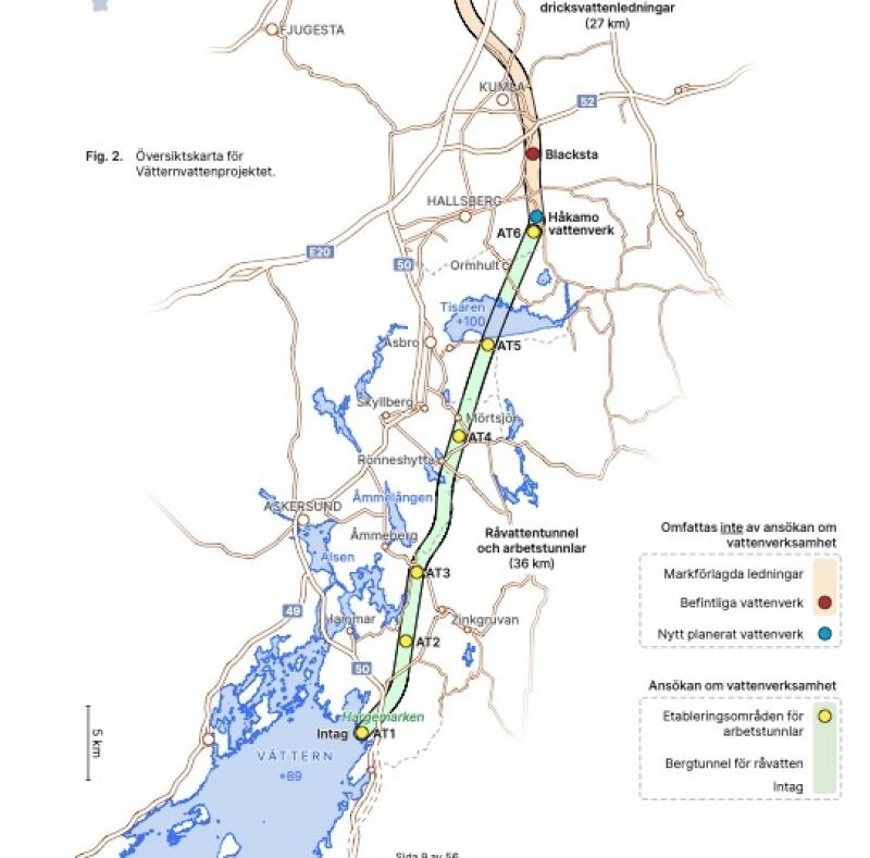 Karta som illustrerar vattenprojektet mellan Vättern och Örebro med nyckelområden markerade: AT3, Blacksta, Håkamo och tunnlar för råvatten. Blå och gröna linjer indikerar befintliga och planerade rörledningar.