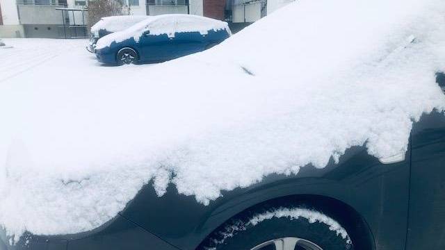Två parkerade bilar täckta av ett lager snö på en parkeringsplats med bostadshus i bakgrunden.