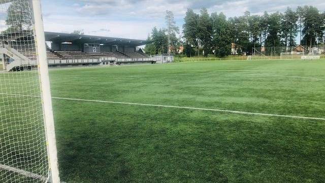 En fotbollsplan med konstgräs, sedd bakifrån en målstolpe, med tomma läktare och träd i bakgrunden under en molnig himmel.