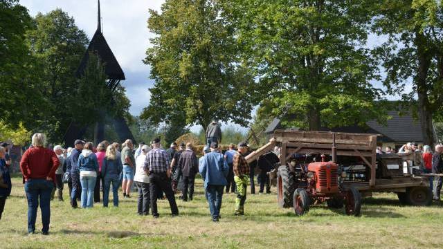 En grupp människor samlas utomhus på ett gräsbevuxet fält nära gammal jordbruksutrustning och en röd traktor, med träd och träbyggnader i bakgrunden.