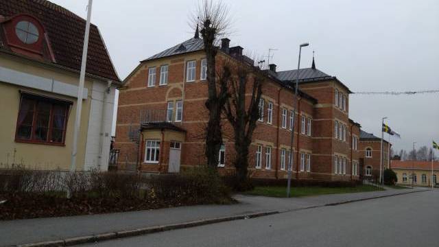 En tegelbyggnad med lövlösa träd framför står längs en lugn gata under en mulen himmel; flaggor syns i bakgrunden.