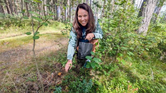 En kvinna sitter på huk i ett skogsområde och ler mot kameran samtidigt som hon pekar på en liten orange svamp som ligger på marken bland gröna växter.