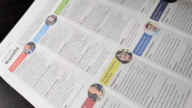 En tidningssida visar spalter med färgkodade rubriker, små porträttfoton och textprofiler för olika personer.