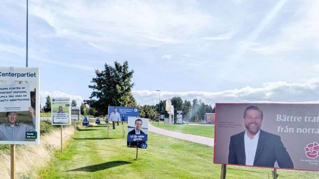 En rad valaffischer från olika partier står längs en gräsbevuxen vägkant under en delvis molnig himmel.