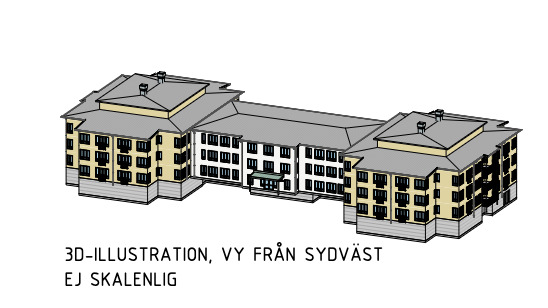 3D-illustration av ett flervånings bostadshus sett från sydväst, med svensk text som anger att det inte är skalenligt.