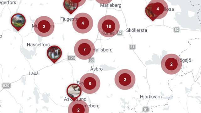 Karta med röda cirkelformade markörer med siffror, som visar kluster av datapunkter nära orter som Hallsberg, Kumla, Skyllberg och Askersund i mellersta Sverige.