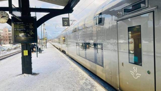 Ett silvertåg står parkerat vid en station i snön.