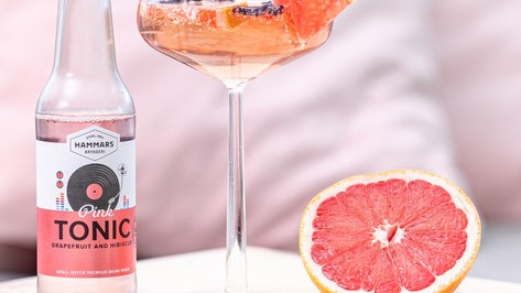 En flaska med etiketten ”Pink Tonic” står bredvid en halv grapefrukt och ett glas med en rosa dryck, garnerad med citrusskivor.