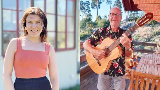 En kvinna står utanför och ler, och en äldre man står på ett trädäck med en akustisk gitarr i handen.