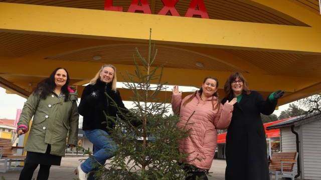 Fyra kvinnor står och poserar runt en liten julgran under en gul paviljong med ordet 