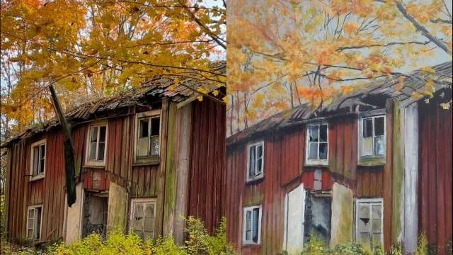 Delad bild som visar ett gammalt, rött hus med trasiga fönster under höstträd; vänster sida är ett fotografi, höger sida är en målad version av samma scen.