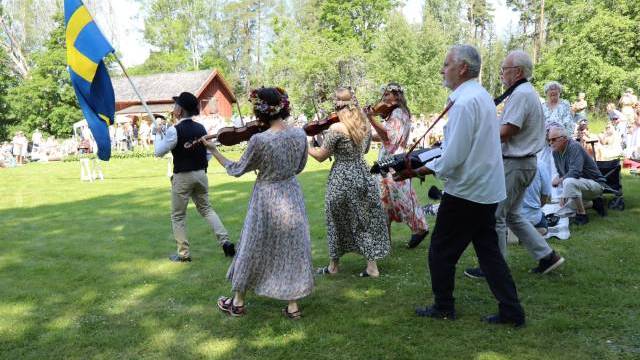 En grupp människor i traditionella kläder spelar fioler och går på gräs, ledda av en person som bär en svensk flagga, med en publik sittande i bakgrunden.