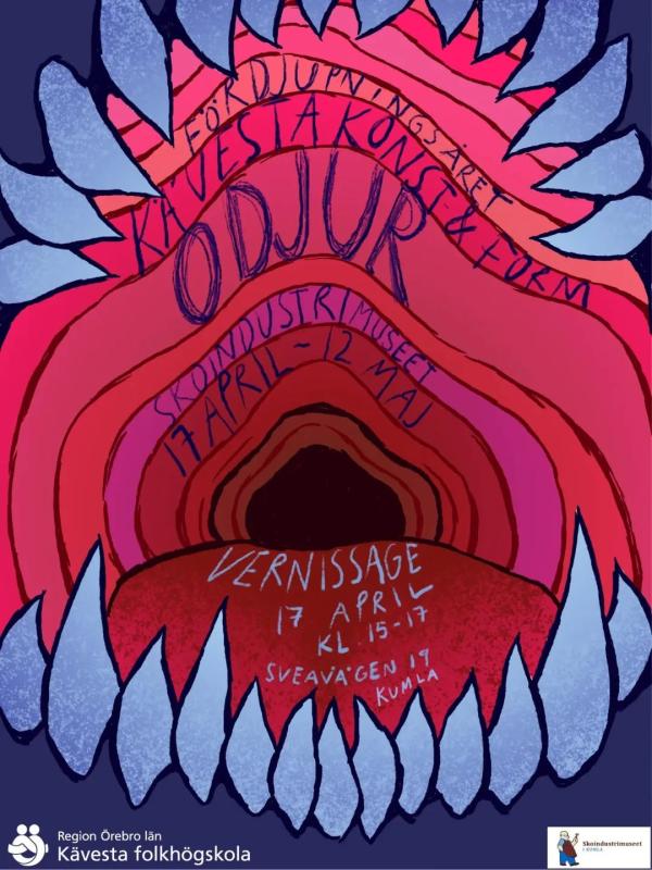 Affisch med text inuti en stor, öppen mun med vassa tänder, som annonserar konstutställningen 