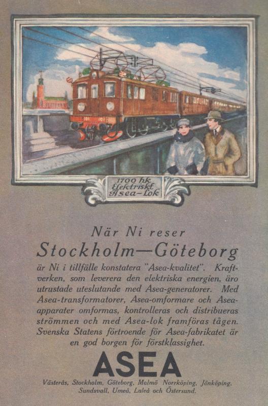 En vintageannons visar ett elektriskt ASEA-lok på en tågstation med två kostymklädda män som observerar från perrongen. Svensk text marknadsför ASEA:s järnvägsteknik.