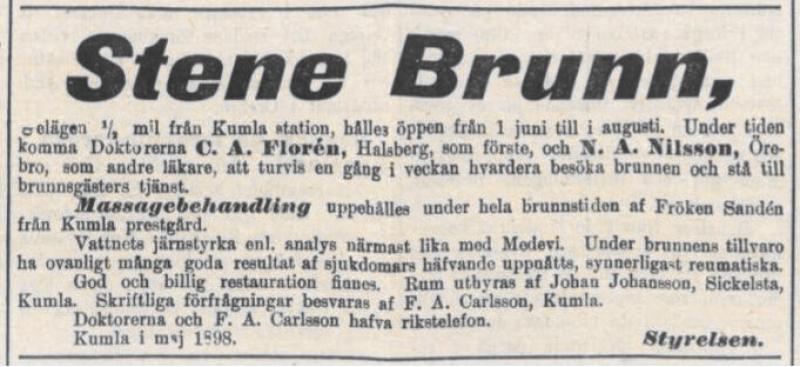 Tidningsannons för kurorten Stene Brunn, öppen 1 juni–1 augusti 1898, med en förteckning över läkare, behandlingar och tjänster som erbjuds, däribland massage och mineralvatten.