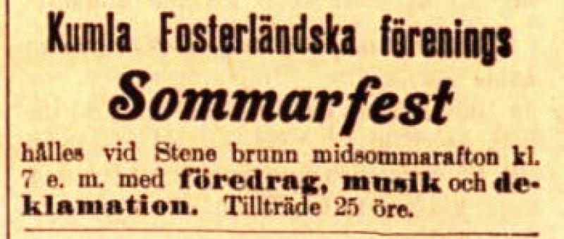 En gammal svensk tidningsannons annonserar en sommarfestival med föreläsningar, musik och uppläsningar; inträdesavgiften är 25 öre.