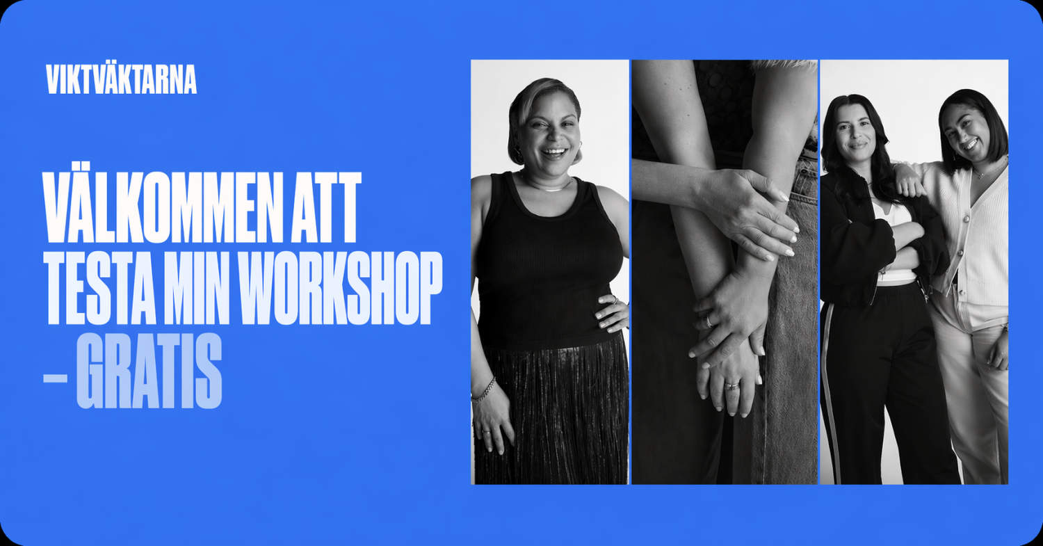 Blå reklambanner med vit svensk text som erbjuder en gratis workshop. Svartvita foton visar leende kvinnor och närbild på händer som är staplade tillsammans.