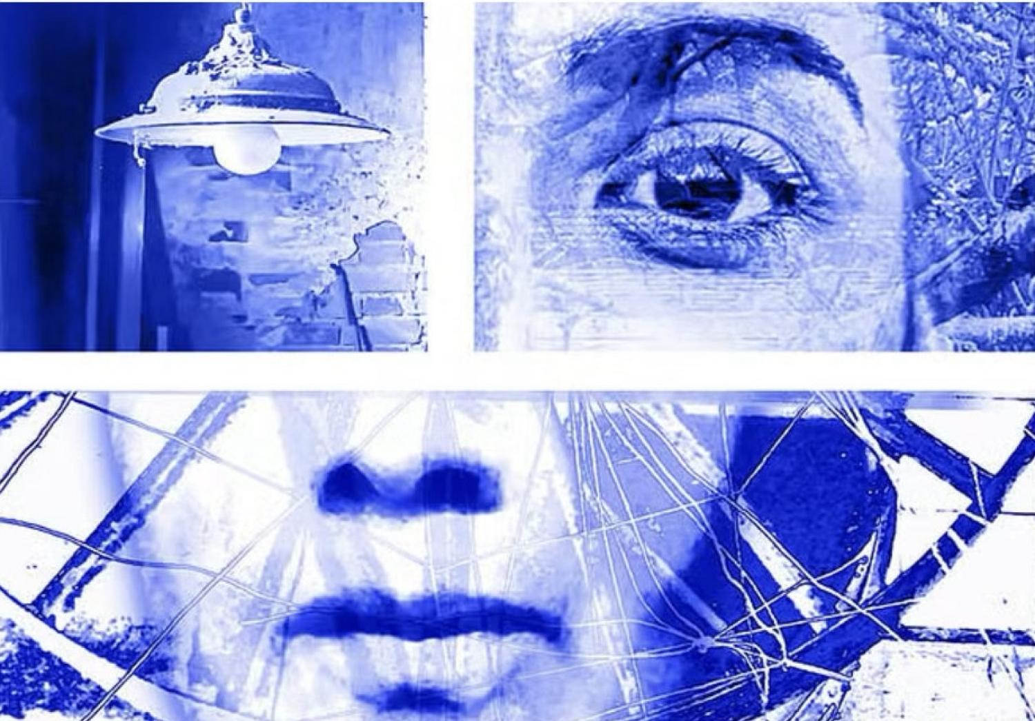 Abstrakt konstverk med en segmenterad bild: en ljusarmatur, en närbild av ett öga och förvrängda ansiktsdrag med blå toner.