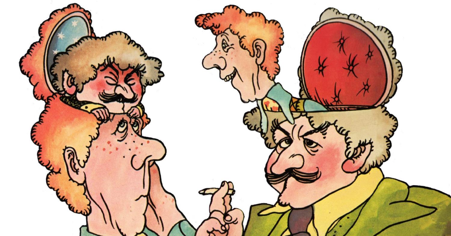 Tecknad bild av tre män med öppna huvuden som avslöjar mindre versioner av sig själva inuti, vilket symboliserar rekursion eller tänkande inom tänkande.