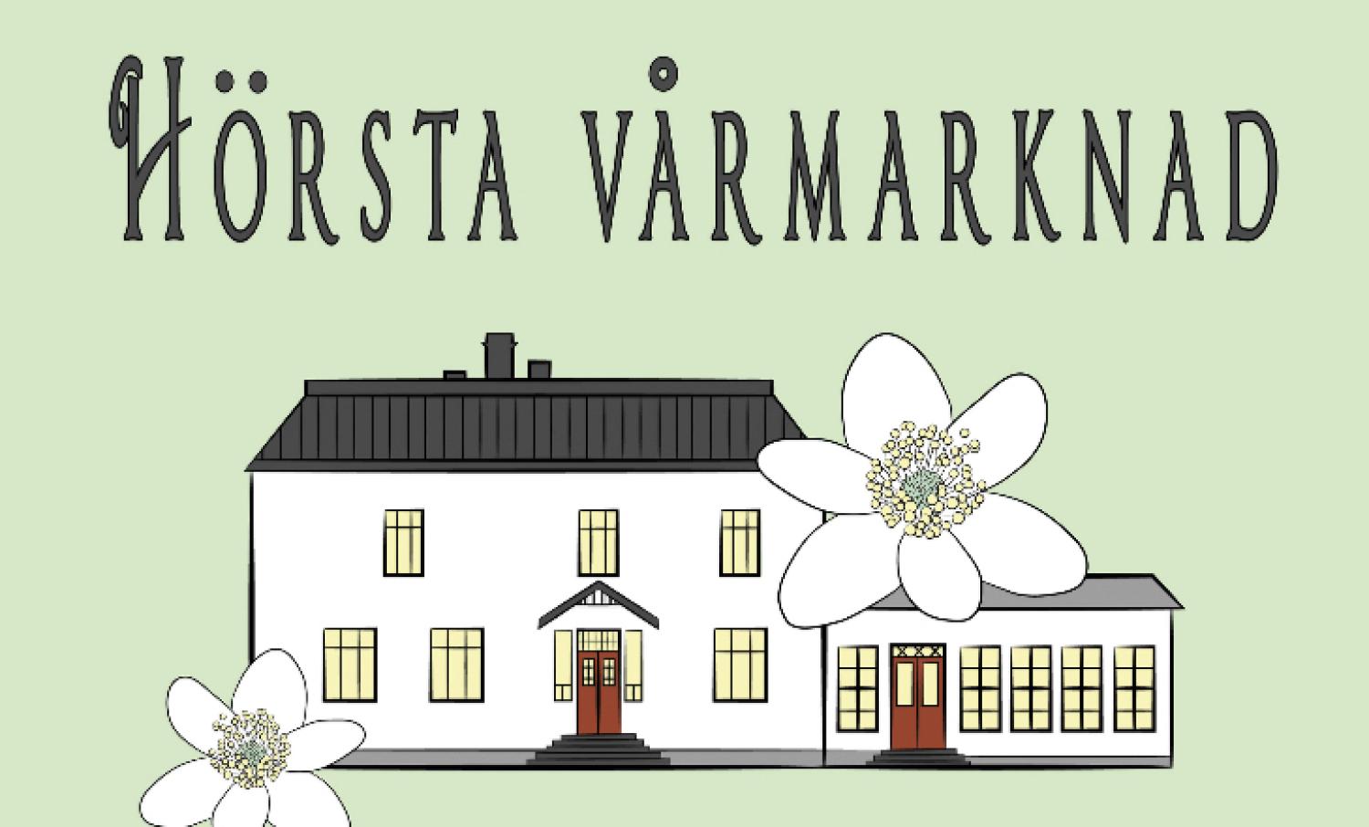 Illustration av en vit byggnad med svart tak och fönster, flankerad av vita blommor, med texten 