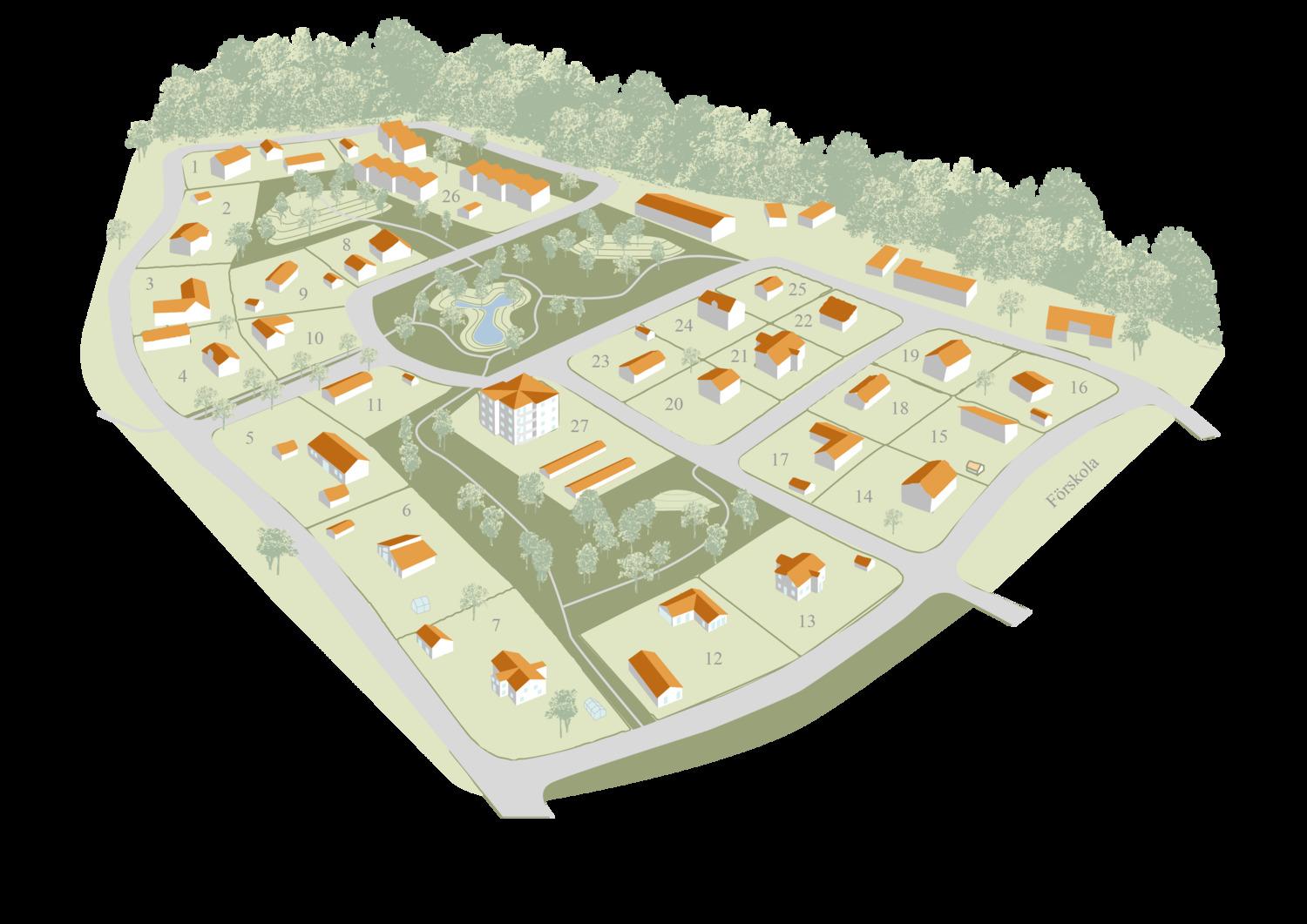 Illustrerad karta över ett planerat bostadsområde med utmärkta tomter och omgivande grönska.