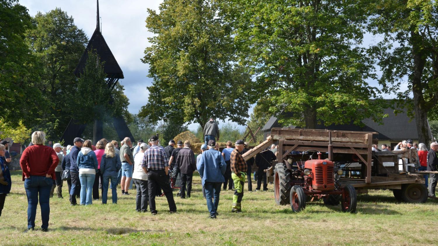En grupp människor hade samlats utomhus nära några träd, en röd traktor och en trävagn, med en kyrktorn synlig i bakgrunden.
