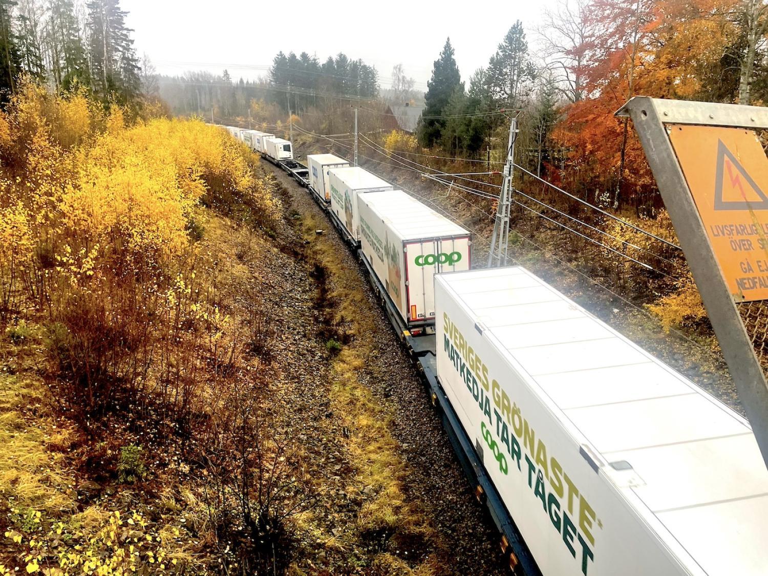 Ett lasttåg med flera containrar som passerar genom ett höstlandskap med gult lövverk.