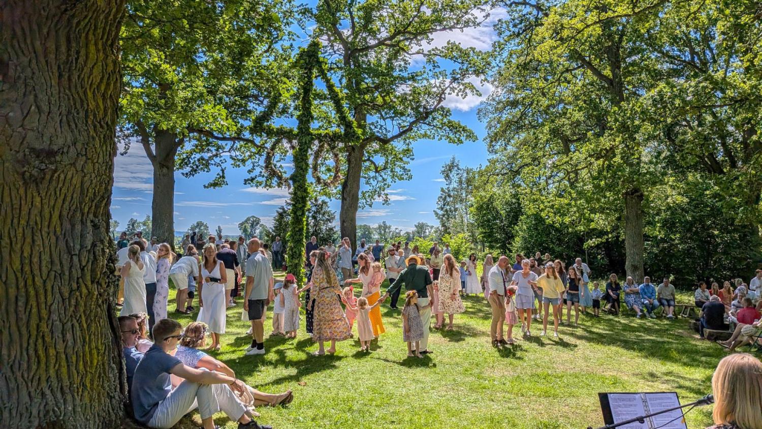 En grupp människor, varav många är klädda i sommarkläder, samlas på en gräsplan under höga träd en solig dag; vissa sitter, medan andra står eller går omkring.