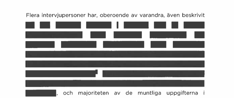 Ett svenskt dokument där flera textrader har censurerats med svarta streck; endast rubriken och några få ord syns.