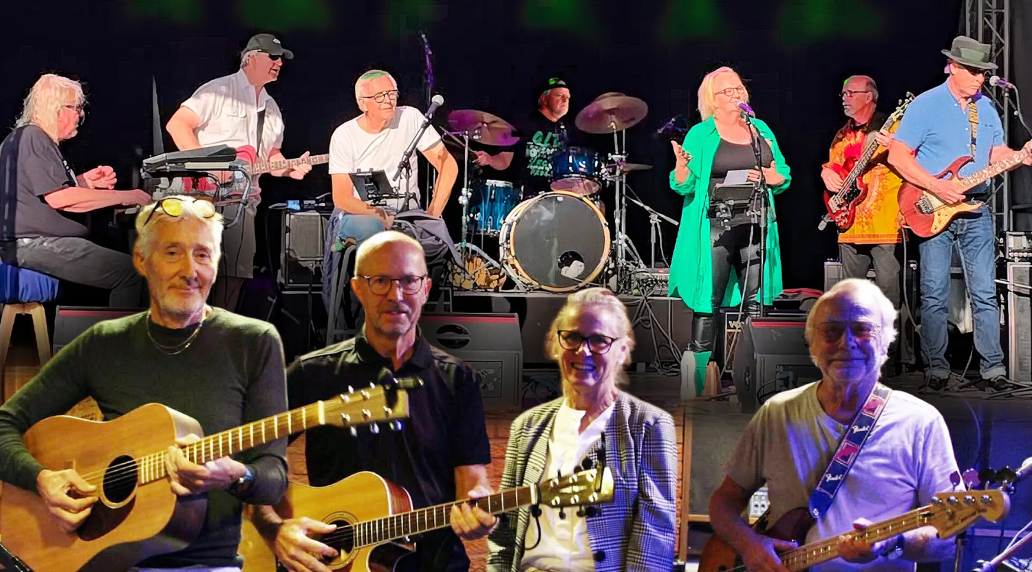 Ett band uppträder på scenen med keyboards, gitarrer, trummor och sång. Längst fram poserar fyra personer med akustiska och elektriska gitarrer.