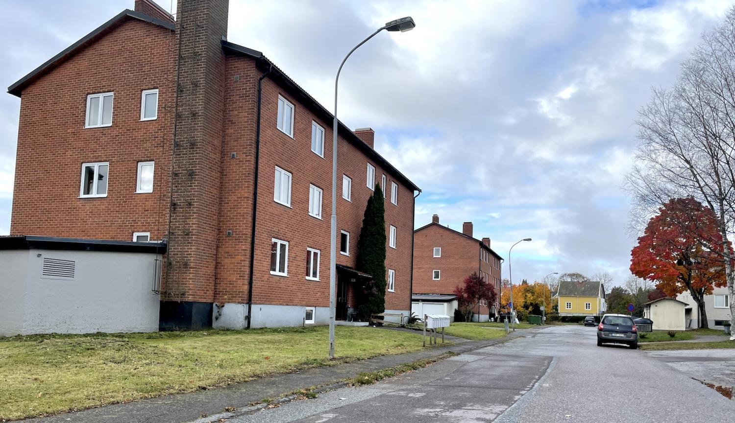 En lugn bostadsgata med hyreshus i rött tegel, parkerade bilar och träd med höstlöv under en molnig himmel.